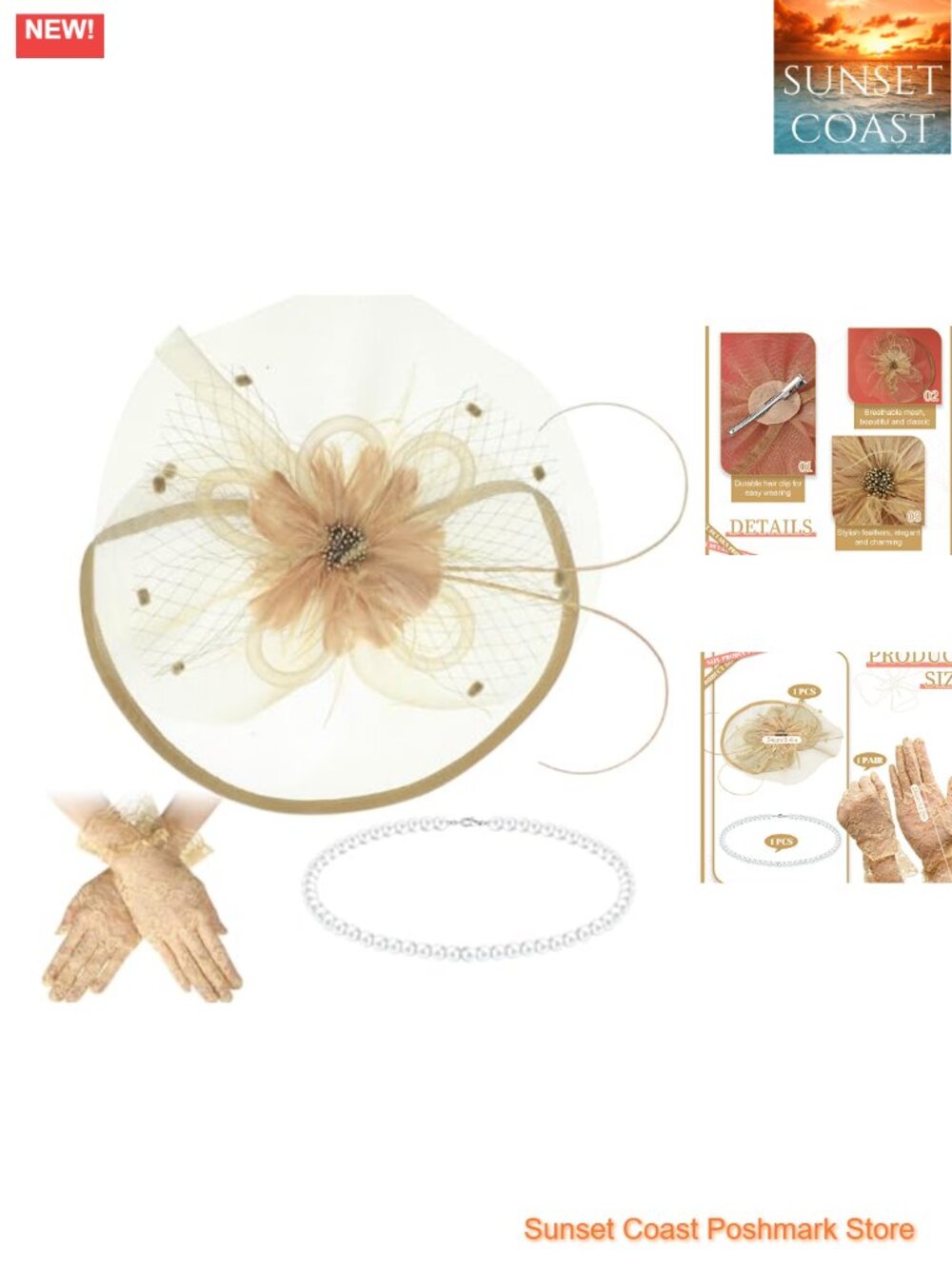 3 Pc Fascinator Hat Set with Lace Gloves and Pearl Choker Necklace